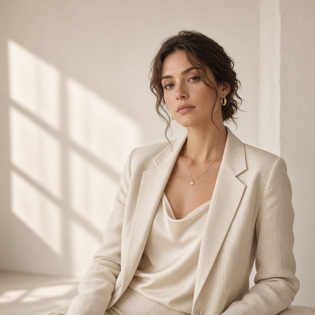 Sample look: ivory linen blazer in an off-white studio, quiet luxury.