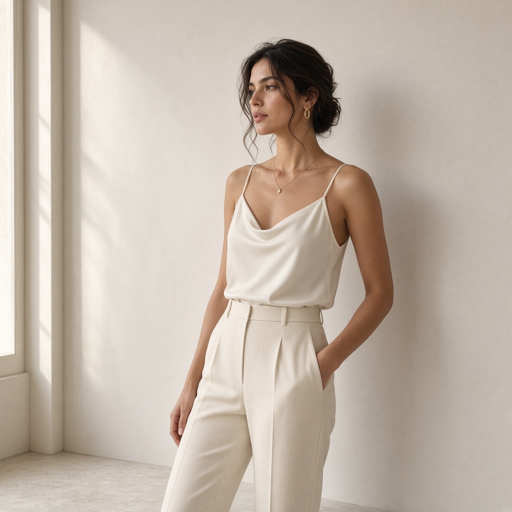 Sample look: silk camisole and cream trousers, soft window light.